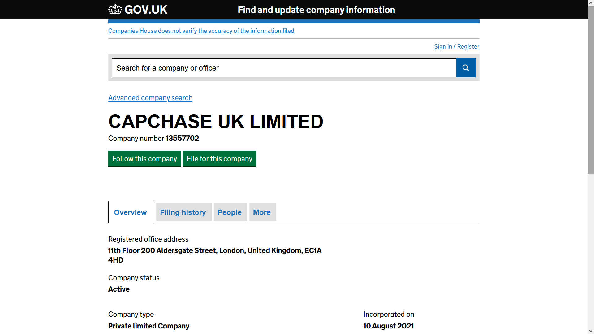Capchase UK Limited company number 13557702, London based
