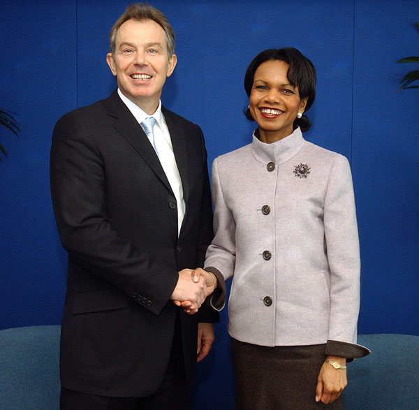 Tony Blair (accused of being a war criminal) with Condolleezza Rice