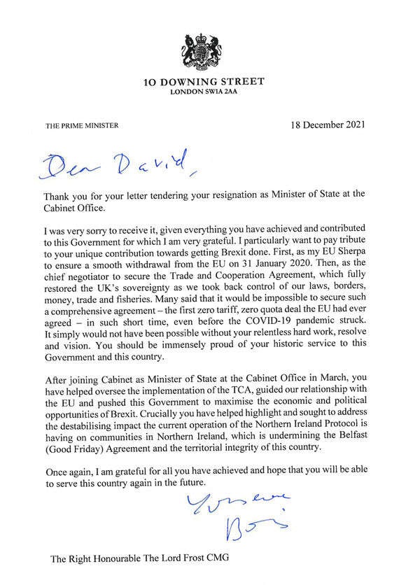 Getting Brexit done, Lord David Frost resignation letter, reply from Boris Johnson
